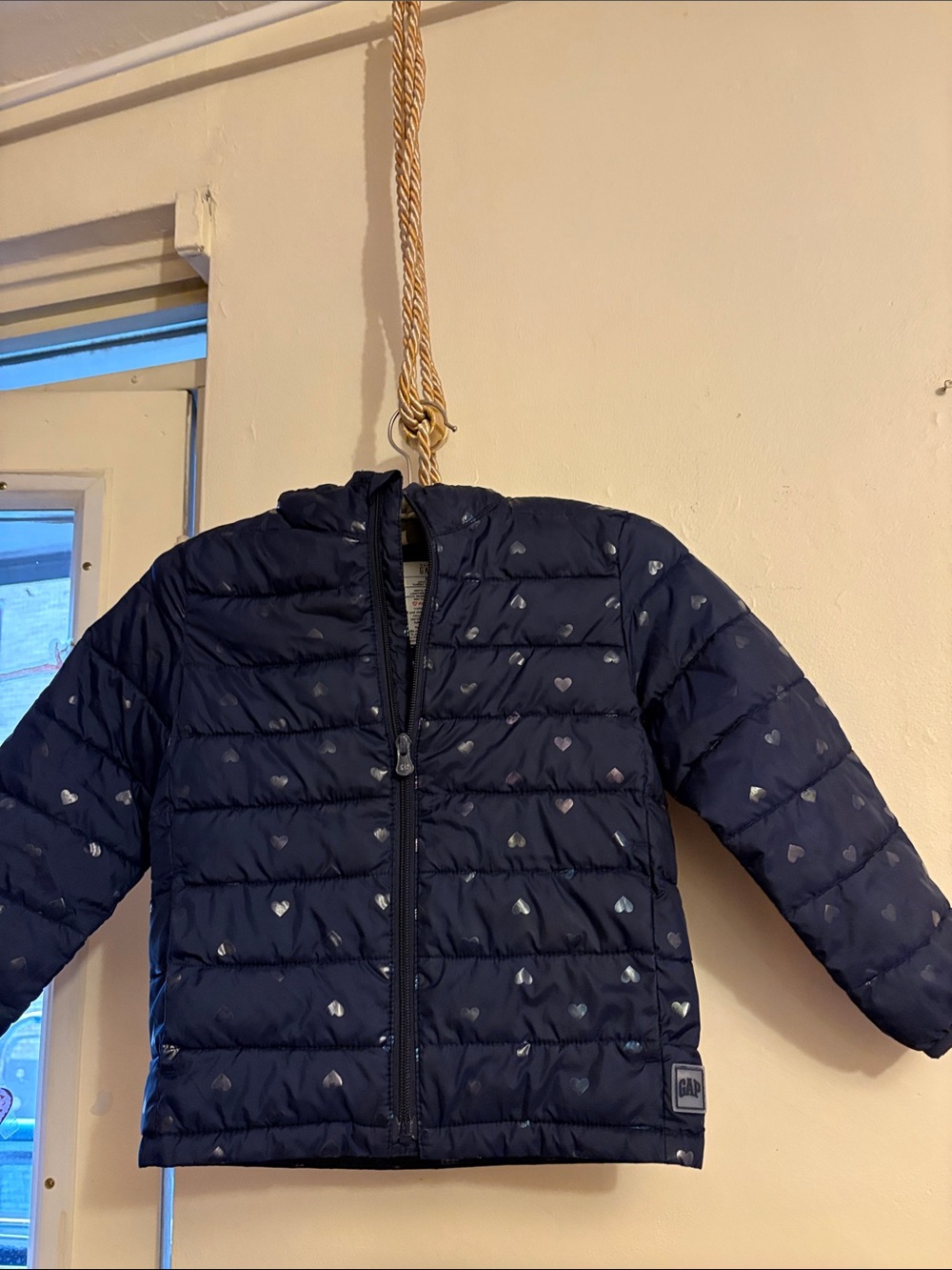 GAP Navy Puffer Jacket with Silver Heart Print